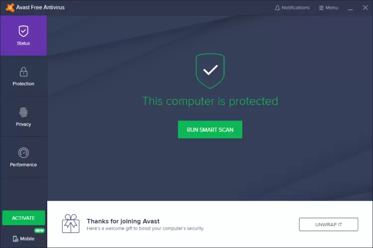 Avast Free Antivirus, main screen.