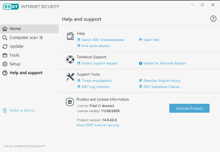 Eset Internet Security Support Next to Scanning Options Tools, and Setup.