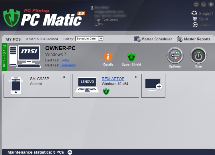 PC Matic Main Dashboard.