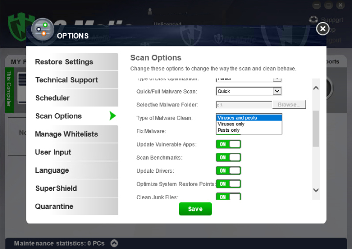 PC Matic scanning options and features. 