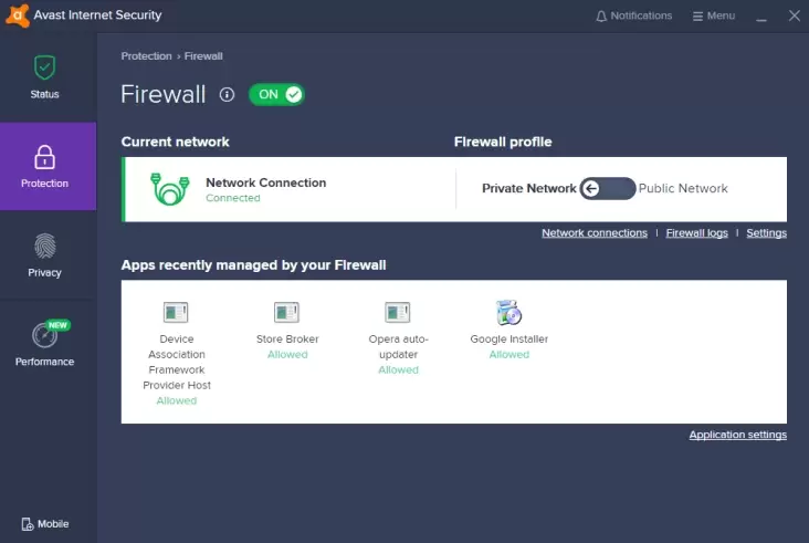 Avast antivirus firewall setting.