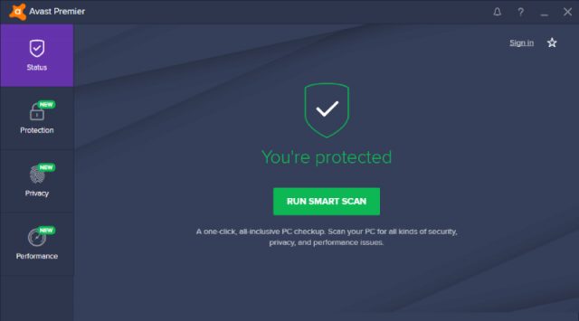 Avast vs Windows Defender: smart scan interface