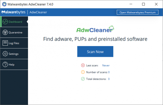 Reseña de Malwarebytes AdwCleaner: interfaz de usuario.