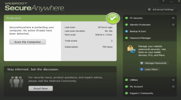 Webroot SecureAnywhere Internet Security, Dashboard