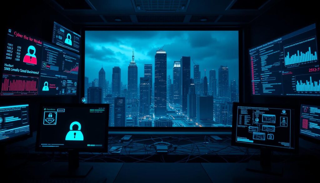 A dimly lit cybersecurity control room, with multiple computer screens displaying real-time data on various cyber attack trends against small and medium-sized businesses (SMBs). Ominous hacking symbols and icons hover in the foreground, while a complex web of interconnected networks and servers forms the middle ground. In the background, a gloomy cityscape with towering skyscrapers is barely visible, evoking a sense of vulnerability and the scale of the cyber threat landscape. The scene is illuminated by a cool, bluish lighting, creating an atmosphere of heightened tension and the constant threat of digital intrusion.