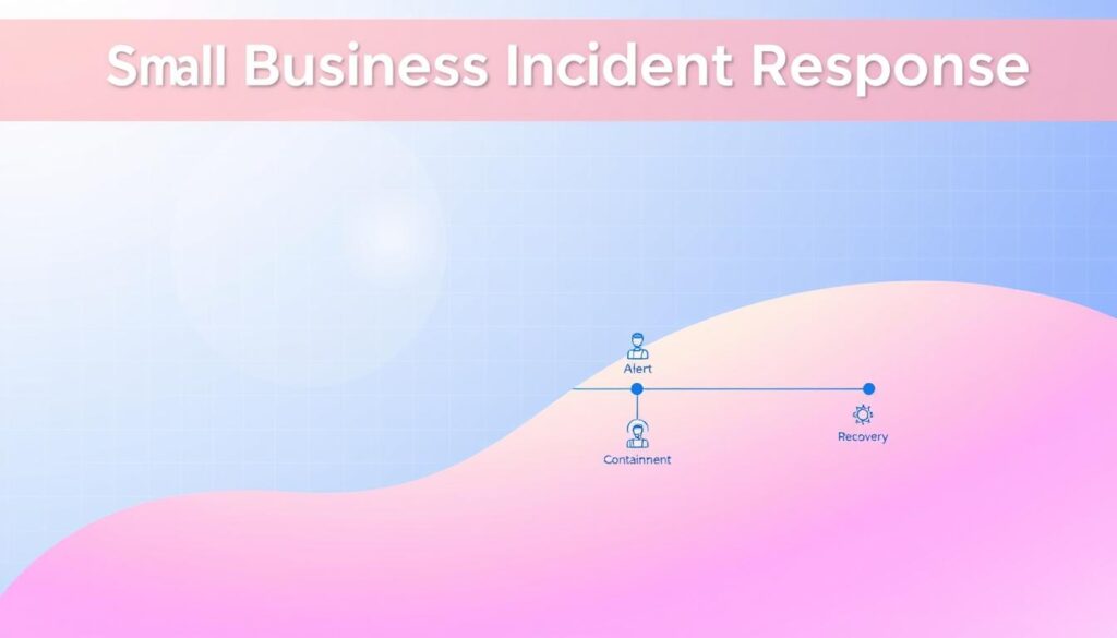 A vibrant, minimalist digital illustration depicting a small business incident response flowchart. The foreground features a clean, streamlined diagram with distinct nodes and connecting lines, rendered in a soft, pastel color palette. The middle ground showcases simple, iconic graphics representing key stages of the incident response process, such as alert, assessment, containment, and recovery. The background has a subtle grid pattern, suggesting a digital, tech-savvy atmosphere. Soft, diffused lighting creates a calming, professional tone, while the overall composition maintains a balance between informative clarity and visual appeal.