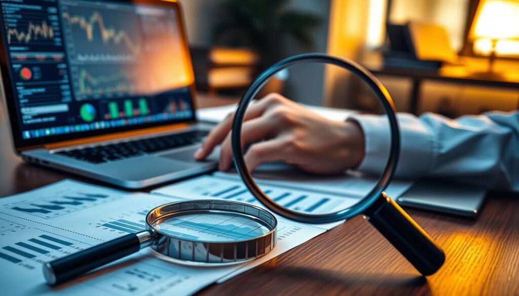 A close-up view of a financial analyst's desk, illuminated by warm lighting. On the desk, a laptop displays complex financial charts and graphs, alongside physical documents and folders detailing an investment analysis. The foreground features a magnifying glass hovering over the documents, symbolizing the meticulous examination of the "investment scam." The middle ground shows the analyst's hands thoughtfully poring over the materials, their expression one of deep concentration. The background blurs into a subtle, professional office setting, conveying a sense of diligence and seriousness in the investigation.