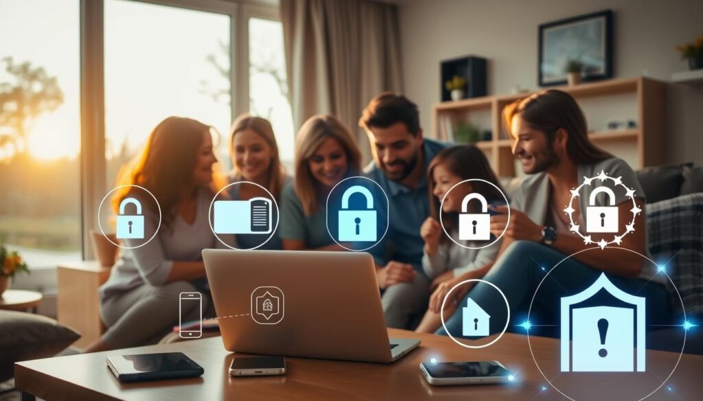 A cozy family home interior, warm lighting illuminating a living room setting. In the foreground, a group of family members gathered around a laptop, engaged in a discussion about online safety tips. The middle ground showcases various digital devices, such as smartphones and tablets, with security icons and symbols overlaid. In the background, a large window provides a glimpse of a serene outdoor scene, conveying a sense of balance and security. The overall mood is one of togetherness, education, and a commitment to safeguarding the family's digital well-being.
