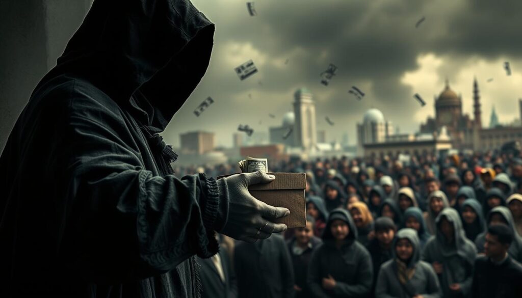 A dark and foreboding scene depicting the sinister nature of charity scams. In the foreground, a shadowy figure clad in a tattered cloak, their face obscured, holds out a donation box. Surrounding them, a chaotic swirl of financial documents, dollar bills, and ominous symbols hint at the deception and exploitation at the heart of these scams. In the middle ground, a crowd of unsuspecting victims, their expressions a mix of concern and confusion, are drawn into the trap. The background is a blurred cityscape, its buildings and infrastructure crumbling, a metaphor for the breakdown of trust and security during times of crisis. The lighting is harsh and unforgiving, casting deep shadows and emphasizing the sense of unease and danger. An eerie, unsettling atmosphere pervades the scene, a warning to the viewer of the need for vigilance against such predatory behavior.