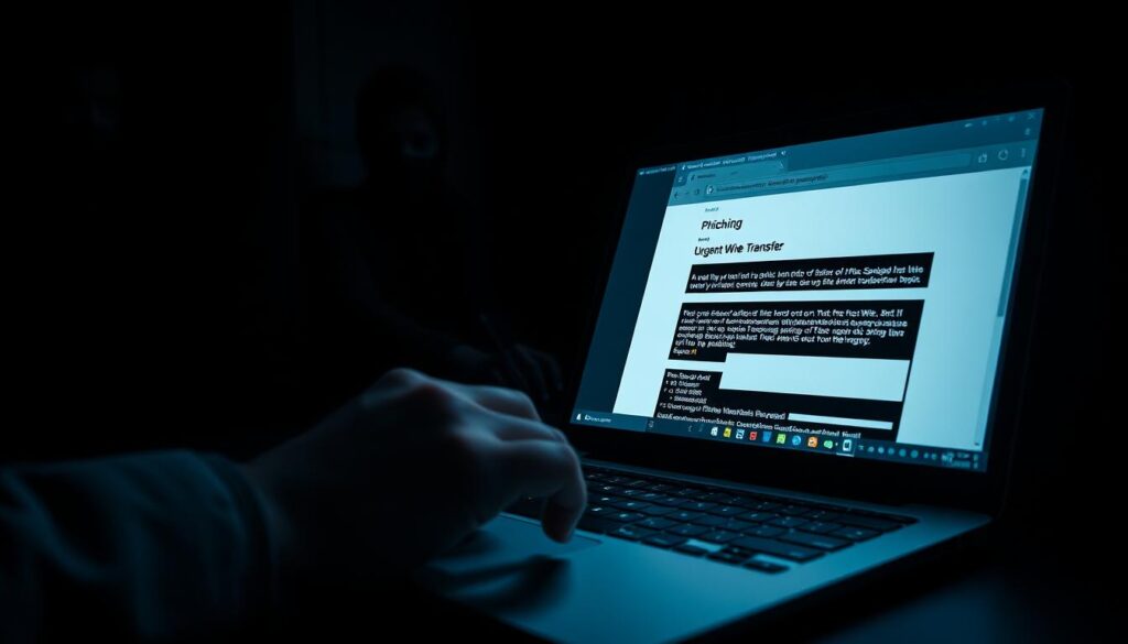 A dark, ominous office scene with a laptop screen displaying a sophisticated phishing email, the subject line reading "Urgent Wire Transfer". In the foreground, a hand hovers over the keyboard, contemplating the request. Shadowy figures loom in the background, representing the unseen cybercriminals orchestrating the attack. Dramatic low-key lighting casts sinister shadows, creating a tense, foreboding atmosphere. The scene conveys the deceptive and costly nature of business email compromise scams, where trusted communication channels are exploited for financial gain.