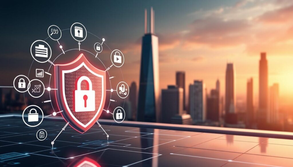 A secure digital landscape with a focus on identity theft protection resources. In the foreground, a digital shield symbolizes safeguarding personal information, surrounded by data icons and security lock symbols. In the middle ground, various tools and services like credit monitoring, fraud alerts, and recovery assistance are visually represented. The background features a cityscape with futuristic skyscrapers, conveying the modern, technological nature of identity theft protection in the year 2025. Lighting is soft and warm, creating a sense of reassurance and security. The overall composition suggests a comprehensive suite of resources to help individuals prevent, detect, and recover from identity theft.