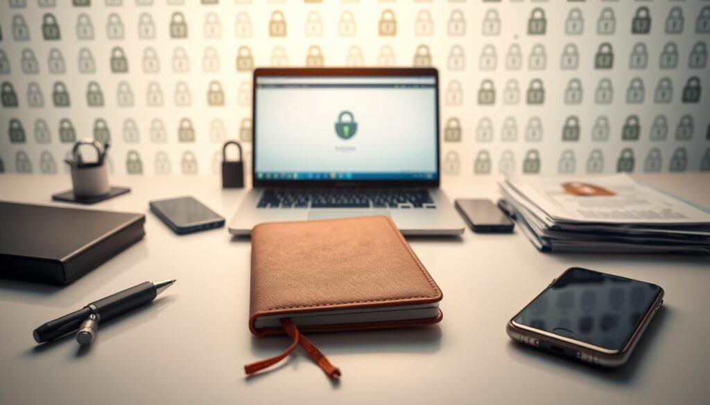 A secure, organized workspace showcasing an "identity theft prevention toolkit". In the foreground, a stylish leather-bound notebook, a retractable pen, and a high-tech security dongle lie on a clean, minimalist desk. The middle ground features a sleek laptop displaying a privacy-focused web browser, while a smartphone and a stack of identity documents sit nearby. In the background, a subtle pattern of lock icons and security badges creates a visually pleasing, yet purposeful ambiance. The lighting is soft and warm, evoking a sense of professionalism and reliability. The overall scene conveys a calming, organized approach to safeguarding personal information.