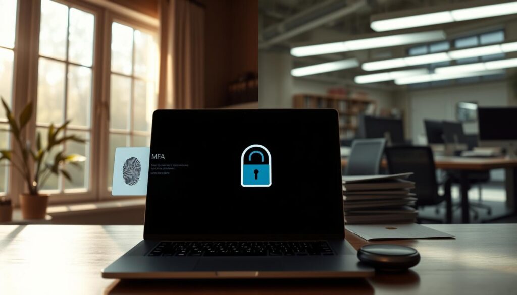 A serene home office scene with natural lighting streaming through large windows, contrasted by the harsh, fluorescent-lit corporate workspace. In the foreground, a laptop displays MFA prompts - a fingerprint scanner at home, and a security token at the office. The home environment exudes warmth and comfort, while the work setting feels sterile and impersonal. Subtle visual cues, like a family photo on the home desk and stacks of documents on the office table, reinforce the different security needs. The image conveys the importance of adaptive, context-aware MFA to ensure robust protection across diverse environments.