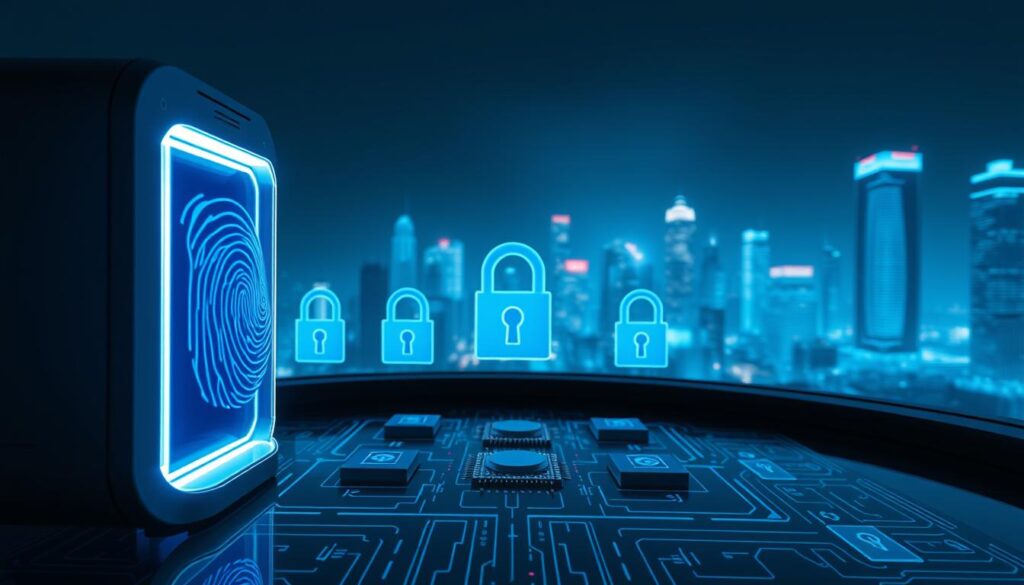 A sleek, high-tech security interface showcasing multiple layers of identity protection. In the foreground, a digital fingerprint scanner and retinal eye scanner glowing with a cool, blue-tinted light. In the middle ground, a series of padlocks, security chips, and authentication tokens arranged in a striking geometric pattern. The background features a futuristic cityscape, hazy with the glow of holographic displays and neon-lit skyscrapers, conveying a sense of advanced, multilayered security in an increasingly digital world. Lit by a cool, directional lighting that casts dramatic shadows, the scene evokes a feeling of innovative, impenetrable identity safeguards.