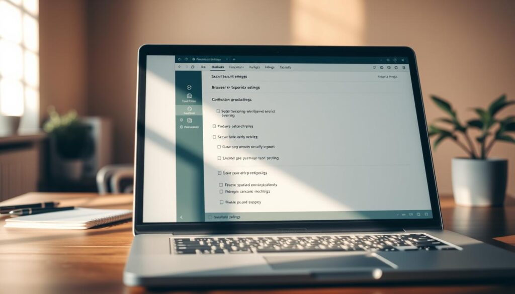 A well-lit and detailed desktop scene with a laptop computer and various browser security settings visible on the screen. The laptop is positioned in the foreground, with a crisp, high-resolution display showcasing multiple browser tabs, security controls, and configuration options. The middle ground features a clean, minimalist workspace with office supplies and a plant, creating a professional and productive atmosphere. The background blurs into a warm, neutral tone, keeping the focus on the laptop screen. Subtle, directional lighting from the side casts dramatic shadows, emphasizing the technical aspects of the browser settings. The overall mood is one of thoughtful, informed technology use.