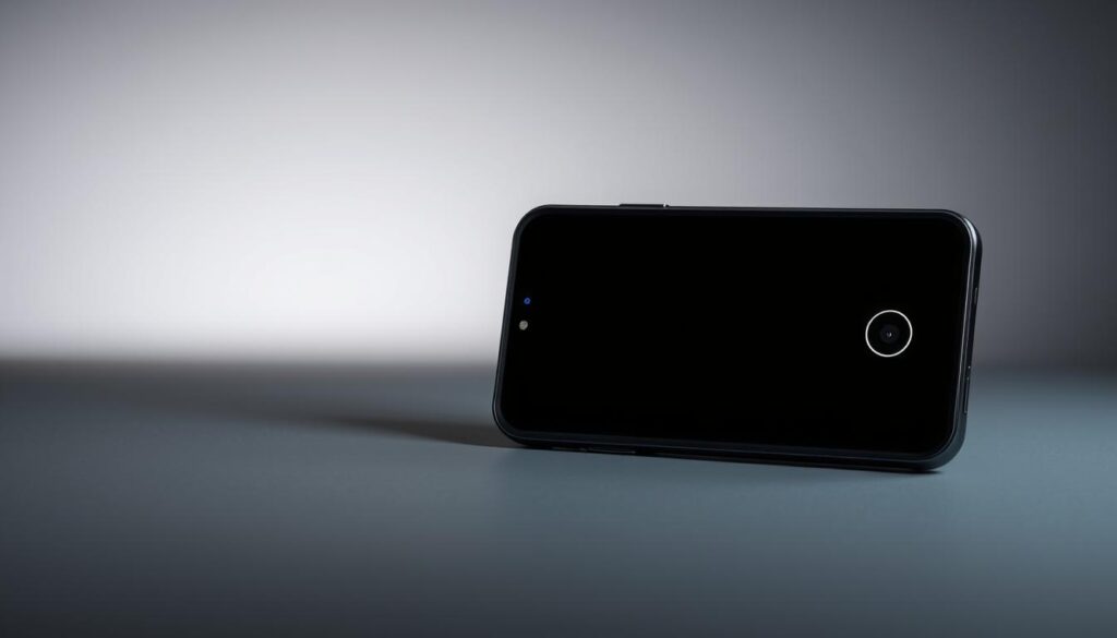 a highly secure mobile device with a fingerprint sensor, a facial recognition camera, and a hardened OS displayed on a sleek black background, lit by soft, indirect lighting to emphasize the device's premium design and security features. The device is placed against a muted gray backdrop, creating a minimalist and professional atmosphere. The image conveys a sense of trust, reliability, and the importance of protecting sensitive data on mobile devices.
