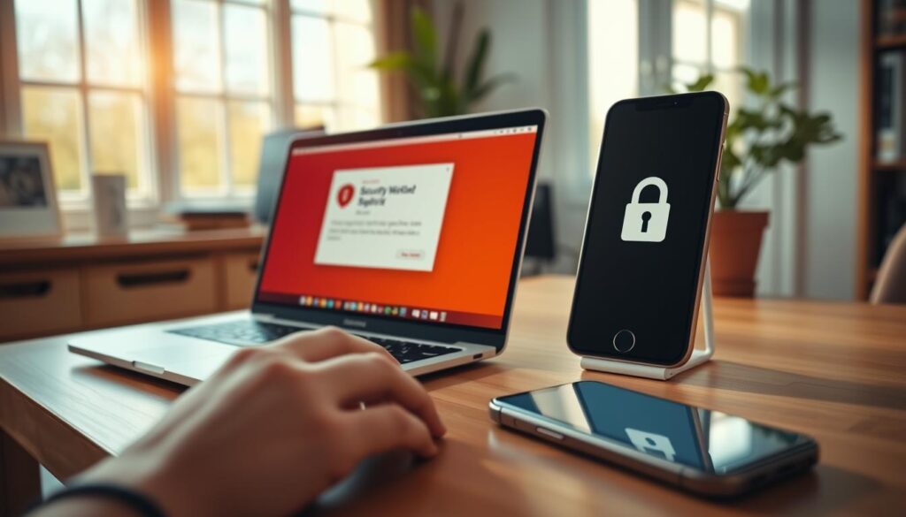 a well-lit home office with a desk, laptop, and smartphone, showcasing safe internet browsing and downloading practices. The laptop's screen displays a security alert, while the smartphone screen shows a download in progress. Subtle document icons and a secure padlock icon create a sense of caution and vigilance. Warm natural lighting filters through a nearby window, creating a calm and focused atmosphere. The angle is slightly elevated, providing a bird's-eye view of the scene, emphasizing the importance of being mindful of online safety.