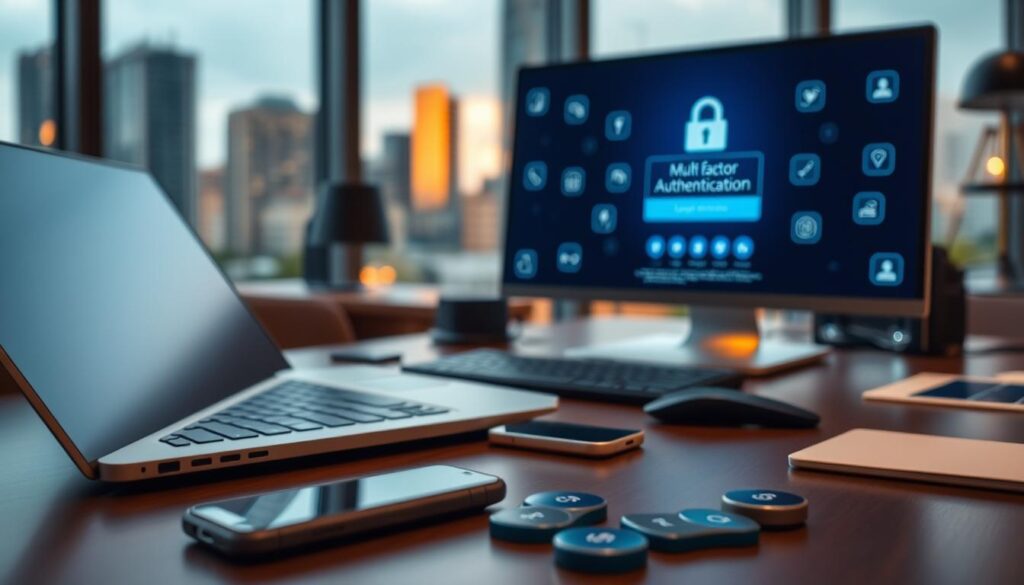 A busy office desk with a laptop, smartphone, and security tokens arranged in the foreground. In the middle ground, a large digital display shows a multi-factor authentication login screen with various security icons. The background depicts a blurred cityscape through a window, conveying a sense of a professional, technology-driven environment. Warm, directional lighting casts subtle shadows, emphasizing the tactile, tangible nature of the physical security devices. The overall scene evokes a mood of robust, layered security measures essential for secure online banking practices.