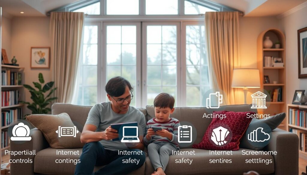 A cozy family living room with large windows, warm lighting, and soft furnishings. In the foreground, a parent and child sit on the sofa, engaged in a digital device, surrounded by icons representing parental controls and internet safety settings. In the middle ground, bookshelves and framed artwork add depth and character to the space. The background features a serene outdoor scene, hinting at the importance of balancing screen time with other activities. The overall atmosphere conveys a sense of comfort, security, and a shared commitment to responsible technology use.