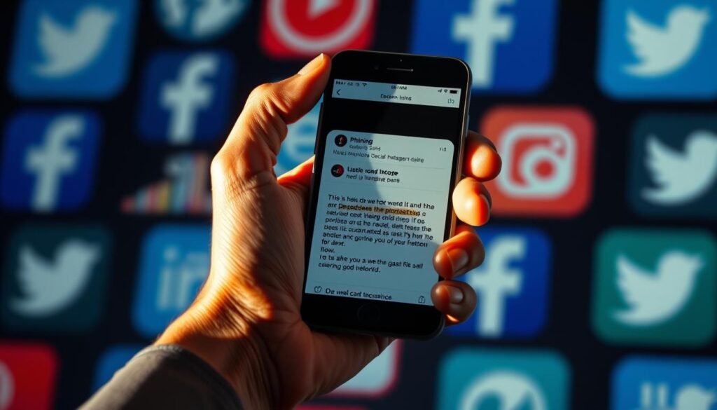A hyper-realistic digital illustration of a person's hand holding a smartphone against a blurred background of social media icons and logos. The hand is highlighted with dramatic side lighting, casting long shadows and emphasizing the suspicion and caution of the user. The smartphone screen displays a phishing email or message, its malicious intent evident in the warning signs and suspicious details. The overall mood is one of heightened awareness and vigilance, conveying the importance of being cautious when engaging with content on social media platforms.