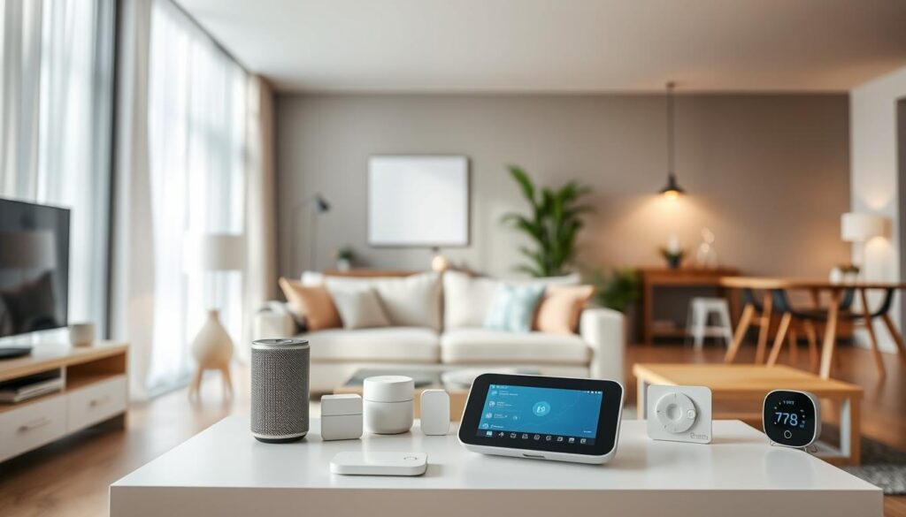 A modern, well-lit living room with clean, minimalist decor. In the foreground, a sleek, unobtrusive smart home hub sits atop a side table, its interface glowing softly. Surrounding it, various smart devices are neatly arranged - a voice assistant, a security camera, and a smart thermostat. The middle ground features a cozy couch and a large window, allowing natural light to flood the space. In the background, subtle, task-appropriate lighting illuminates the room, creating a warm, inviting atmosphere. The overall scene conveys a sense of safety, control, and seamless integration of technology within a comfortable, domestic setting.