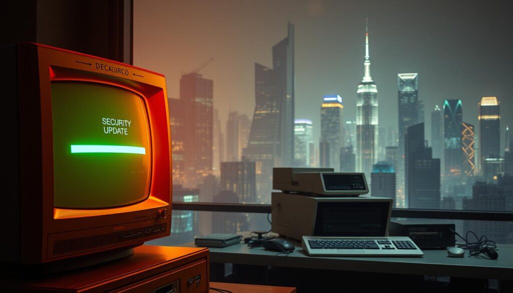 A retro-futuristic scene of a legacy device receiving a security update. In the foreground, an old-fashioned computer monitor displays a progress bar, casting a warm glow. In the middle ground, a boxy desktop computer sits on a cluttered desk, surrounded by outdated peripherals. The background is filled with a cityscape of towering skyscrapers, hinting at the rapid technological advancement happening around this legacy device. The lighting is soft and atmospheric, creating a sense of nostalgia and the bittersweet nature of keeping outdated tech secure. The overall mood is one of cautious optimism, as the legacy device struggles to keep up with the pace of modern cybersecurity.