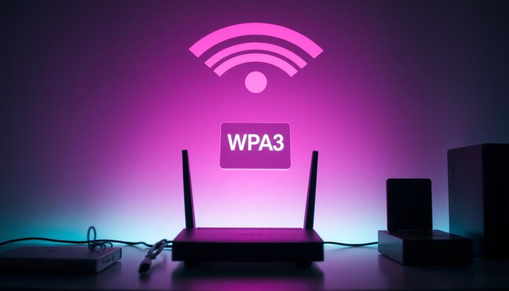 A secure Wi-Fi network, illuminated by soft ambient lighting, with a router and electronic devices in the foreground. In the middle ground, a password entry screen displays the WPA3 security protocol. The background features a minimalist, monochromatic design, symbolizing the importance of strong encryption and password protection for a home network. The scene conveys a sense of digital security, privacy, and technological sophistication.