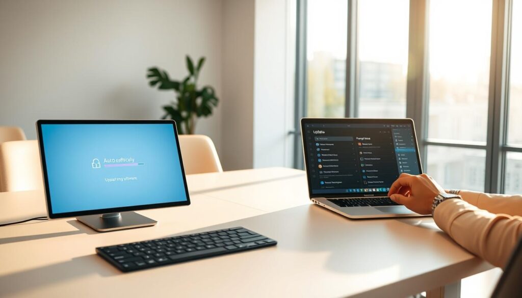 A serene office setting, with a clean, minimalist desk showcasing two devices - one automatically updating its software, its screen glowing with a progress bar, and the other manually navigating through update menus, the user's focused expression visible. The room is bathed in warm, natural lighting filtering through large windows, creating a sense of tranquility. The devices are positioned to highlight the contrast between the effortless automation and the more labor-intensive manual process. The overall atmosphere conveys the efficiency and convenience of automated updates, juxtaposed with the more involved manual approach.