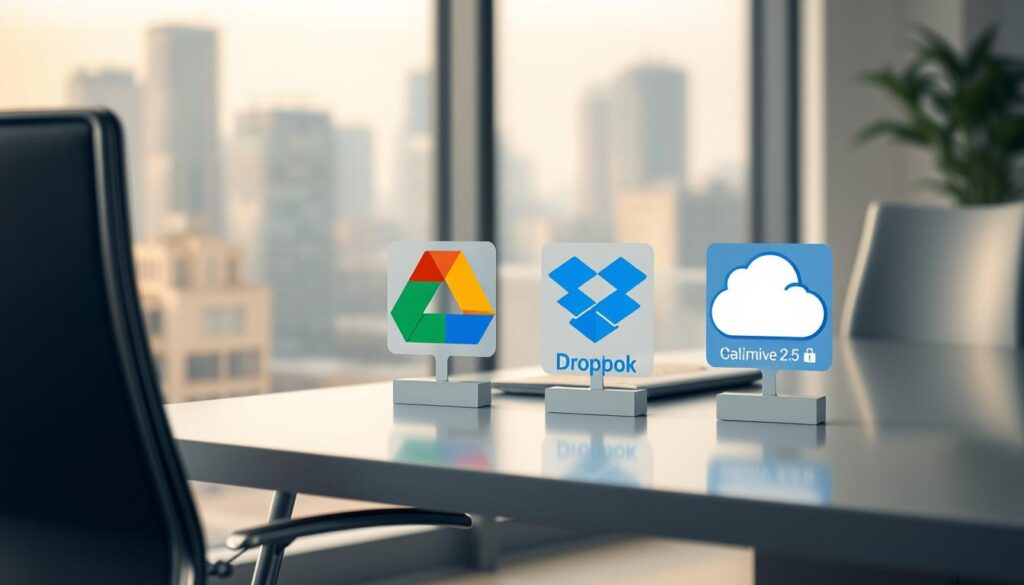 A serene office setting with a sleek, modern desk and ergonomic chair. On the desk, various cloud storage icons are displayed, including Google Drive, Dropbox, and Microsoft OneDrive. The background features a muted, blurred cityscape, hinting at the global connectivity of cloud services. Soft, diffused lighting creates a calming atmosphere, emphasizing the secure and reliable nature of the cloud storage solutions. The composition is balanced, with the icons positioned strategically to showcase their comparative features. The overall mood is one of efficiency, security, and technological sophistication. A serene office setting with a sleek, modern desk and ergonomic chair. On the desk, various cloud storage icons are displayed, including Google Drive, Dropbox, and Microsoft OneDrive. The background features a muted, blurred cityscape, hinting at the global connectivity of cloud services. Soft, diffused lighting creates a calming atmosphere, emphasizing the secure and reliable nature of the cloud storage solutions. The composition is balanced, with the icons positioned strategically to showcase their comparative features. The overall mood is one of efficiency, security, and technological sophistication.