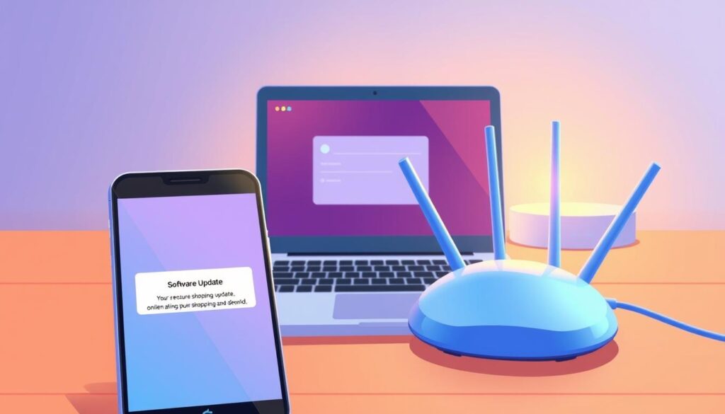 A stylized digital illustration showcasing the concept of device security updates. In the foreground, a smartphone display shows a software update notification, its sleek glass and metal casing reflecting the room's warm lighting. The middle ground features a laptop with an open operating system window, indicating the update process. In the background, a network router emits a soft, neon-tinged glow, symbolizing the connected nature of modern devices. The overall atmosphere conveys a sense of technological sophistication and the importance of maintaining secure, up-to-date devices for online shopping and beyond.