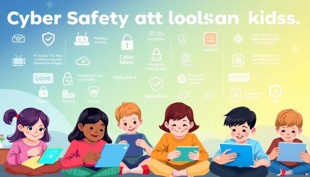 A vibrant and informative illustration showcasing the importance of cyber safety tools for kids. In the foreground, a group of children engage with various digital devices, their faces filled with curiosity and wonder. The middle ground features an array of familiar cyber security tools, such as parental controls, secure messaging apps, and web filters, presented in a clear and accessible manner. The background depicts a minimalist, yet welcoming, digital landscape, with soft lighting and a subtle color palette to create a sense of safety and security. The overall composition emphasizes the balance between technological exploration and responsible digital practices, inspiring a deeper understanding of how to protect young minds in the online world.