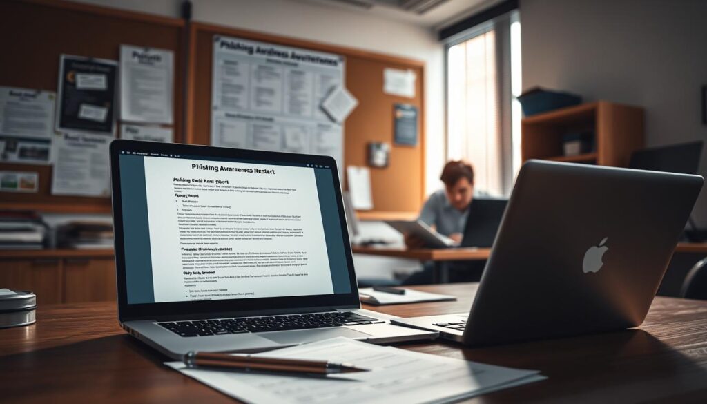 A well-lit, detailed office scene showcasing the phishing awareness documentation process. In the foreground, a desk with a laptop, notes, and a pen. On the screen, a phishing email report form. In the middle ground, a person sitting at the desk, studying the report intently. Behind them, a corkboard filled with cybersecurity awareness posters and guidelines. Soft, directional lighting from a nearby window illuminates the scene, creating depth and a professional, educational atmosphere. The overall tone is one of diligence, attention to detail, and a commitment to protecting against phishing threats. A well-lit, detailed office scene showcasing the phishing awareness documentation process. In the foreground, a desk with a laptop, notes, and a pen. On the screen, a phishing email report form. In the middle ground, a person sitting at the desk, studying the report intently. Behind them, a corkboard filled with cybersecurity awareness posters and guidelines. Soft, directional lighting from a nearby window illuminates the scene, creating depth and a professional, educational atmosphere. The overall tone is one of diligence, attention to detail, and a commitment to protecting against phishing threats.