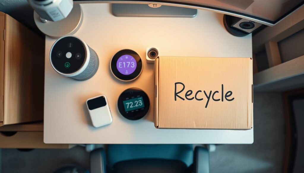 A well-lit, top-down view of a small home office desk. On the desk, a selection of smart home devices are arranged neatly - a voice assistant, a smart thermostat, and a home security camera. Next to them, a cardboard box labeled "Recycle" waits to receive the devices. The scene conveys a sense of organization and environmental responsibility as the user prepares to properly dispose of their outdated smart home equipment. The lighting is soft and diffused, creating a warm, contemplative atmosphere.