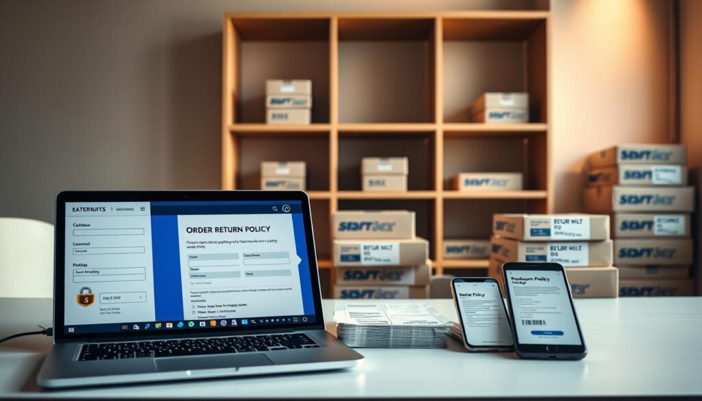 A well-lit, wide-angle shot of a modern office desk showcasing the security aspects of an ecommerce return policy. In the foreground, a laptop displays an online order return form, its fields secured with SSL encryption icons. Beside it, a smartphone with a mobile-friendly return policy webpage. In the middle ground, a stack of neatly organized shipping labels and packing slips. The background features sleek, minimalist shelving holding branded return boxes and prepaid shipping labels, conveying a sense of professionalism and customer-centric service. The scene is bathed in warm, directional lighting, creating depth and highlighting the key elements that reassure online shoppers of a secure, hassle-free returns experience.