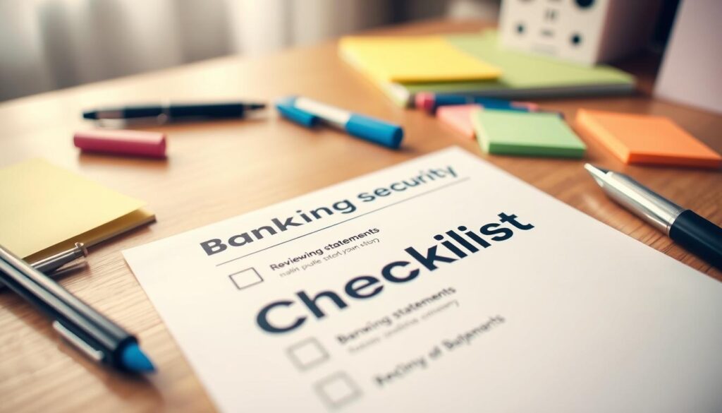 a close-up shot of a wooden desktop with a checklist titled "Banking Security Checklist" in the foreground, surrounded by various office supplies such as a pen, highlighter, and sticky notes. The checklist items are clearly visible, and the overall scene is well-lit with soft, natural lighting, creating a professional and organized atmosphere. The background is slightly blurred, but suggests a comfortable, home-office setting, hinting at the "Reviewing Statements" section of the article. The image conveys a sense of attention to detail and diligence in maintaining financial security.