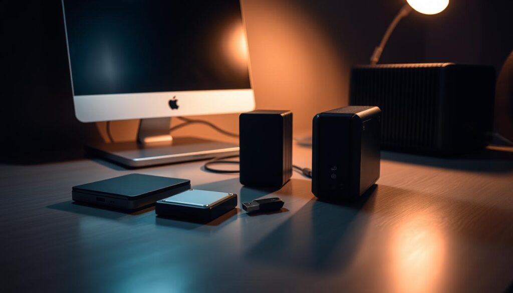 A dimly lit room with a sleek, modern workstation. On the desk, an external hard drive, a USB flash drive, and a network-attached storage (NAS) device sit in an orderly arrangement. Soft, warm lighting casts shadows, emphasizing the tactile nature of these offline backup solutions. The room's atmosphere is one of focused efficiency, conveying the importance of safeguarding digital data through reliable, physical backup methods. A sense of security and control permeates the scene, hinting at the peace of mind these offline backup devices can provide.