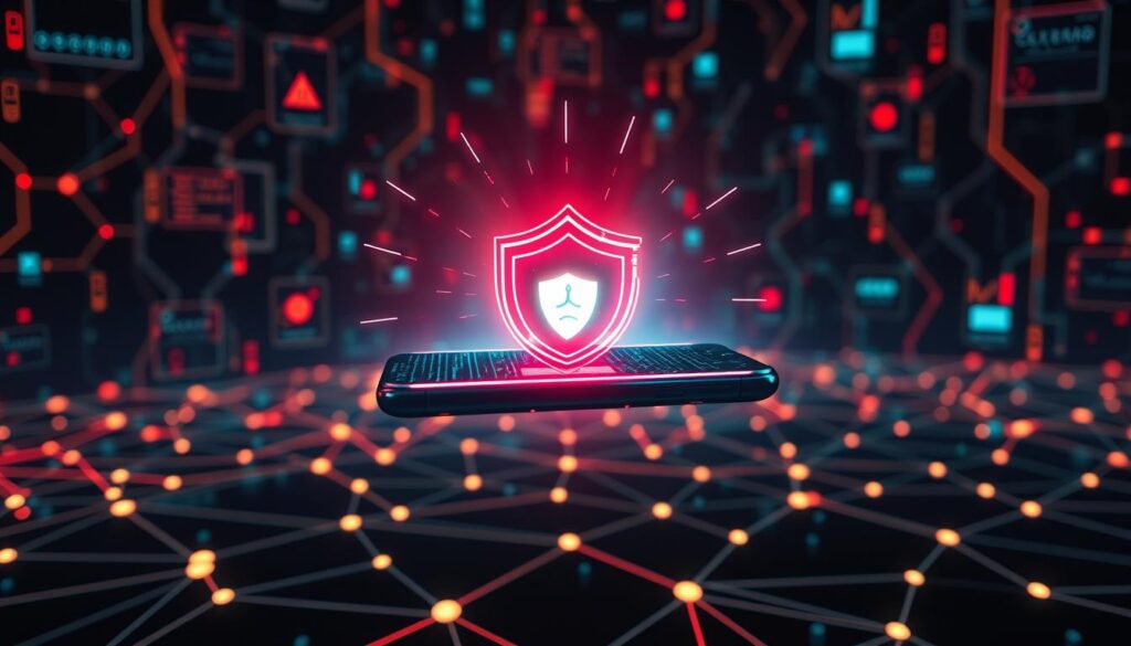 A secure mobile device hovers amidst a backdrop of digital threats, shielded by a protective force field. In the foreground, a stylized malware icon is repelled by the device's robust security measures, captured in a high-contrast, neon-infused sci-fi aesthetic. The middle ground features a network of interconnected digital pathways, hinting at the complex web of vulnerabilities that must be navigated. Dramatic lighting casts dramatic shadows, emphasizing the gravity of the situation and the importance of proactive malware prevention for modern smartphone users. A secure mobile device hovers amidst a backdrop of digital threats, shielded by a protective force field. In the foreground, a stylized malware icon is repelled by the device's robust security measures, captured in a high-contrast, neon-infused sci-fi aesthetic. The middle ground features a network of interconnected digital pathways, hinting at the complex web of vulnerabilities that must be navigated. Dramatic lighting casts dramatic shadows, emphasizing the gravity of the situation and the importance of proactive malware prevention for modern smartphone users.