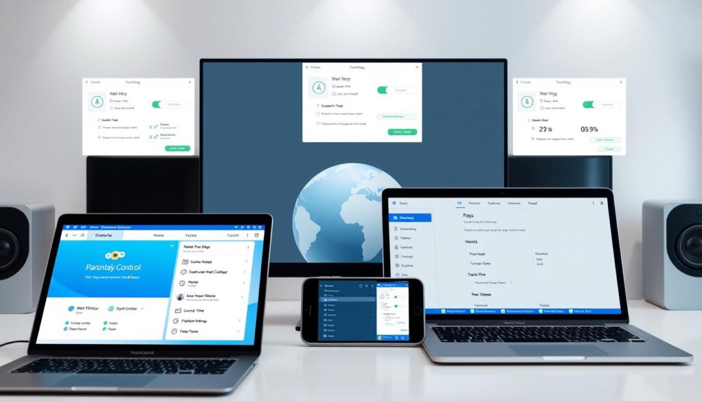 A sleek, modern desktop setup with multiple parental control software windows open, showcasing their features and settings. In the foreground, a laptop, tablet, and smartphone display the user interfaces of popular parental control tools, including web filtering, screen time management, and app monitoring. The middle ground features a stylized globe, symbolizing the digital landscape that parents must navigate to keep their children safe. The background is a minimalist, clean workspace with subtle lighting, creating a professional, informative atmosphere.
