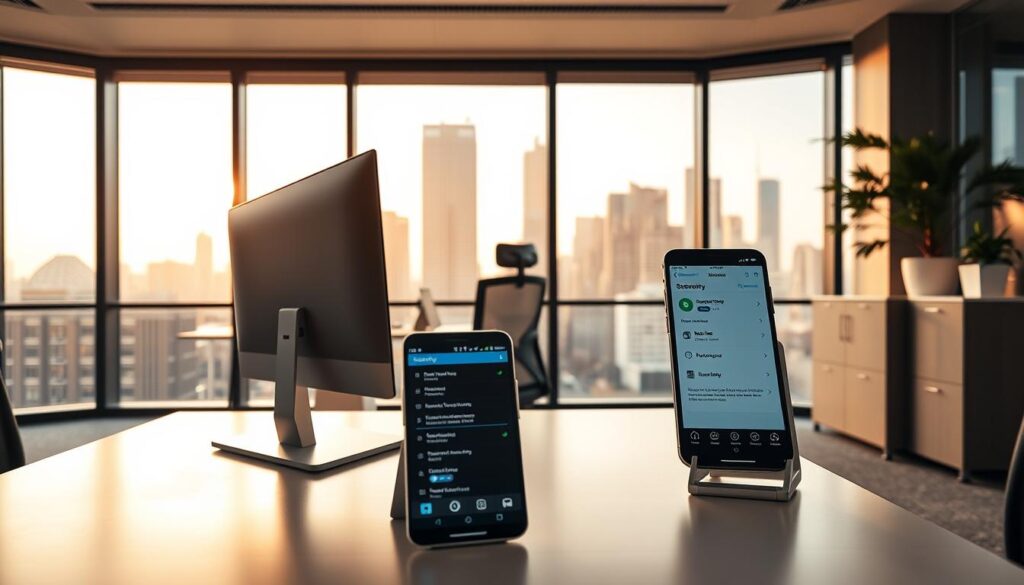 A sleek, modern office environment with a focus on workplace security. In the foreground, a desktop computer and smartphone are set up, their screens displaying security-related apps and settings. The middle ground features a neatly organized desk with a stylish ergonomic chair, a sturdy file cabinet, and a small potted plant, conveying a sense of professionalism and attention to detail. The background showcases floor-to-ceiling windows overlooking a bustling city skyline, bathed in warm, natural lighting. The overall atmosphere is one of productivity, safety, and a well-designed, secure workspace.