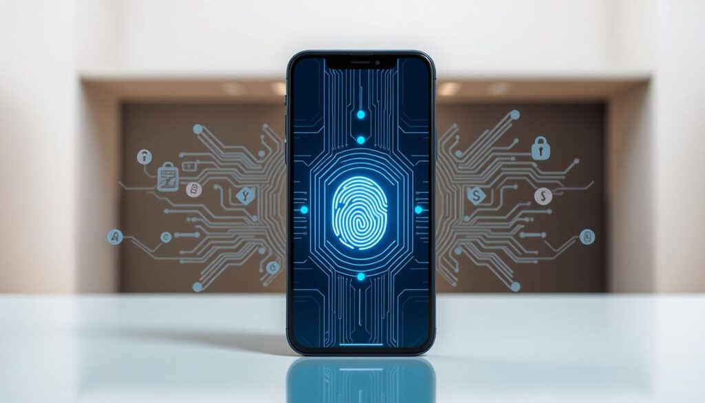 A sleek, modern smartphone displayed against a softly blurred background, showcasing its advanced security features. The phone's lock screen dominates the foreground, its display illuminating a biometric authentication interface - a fingerprint scanner glowing subtly on the glass surface. Intricate circuit board patterns and data encryption symbols swirl in the middle ground, hinting at the secure data processing happening within. The backdrop is a minimalist, high-tech environment with muted tones, conveying a sense of digital privacy and protection. A sleek, modern smartphone displayed against a softly blurred background, showcasing its advanced security features. The phone's lock screen dominates the foreground, its display illuminating a biometric authentication interface - a fingerprint scanner glowing subtly on the glass surface. Intricate circuit board patterns and data encryption symbols swirl in the middle ground, hinting at the secure data processing happening within. The backdrop is a minimalist, high-tech environment with muted tones, conveying a sense of digital privacy and protection.