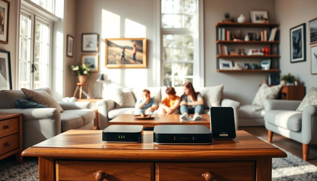 A well-lit, cozy family living room with children's internet safety devices prominently displayed on a wooden console table. The devices have a sleek, modern design with LED indicators. On the walls, framed artwork and shelves with books and family photos create a warm, inviting atmosphere. Sunlight streams in through large windows, casting a soft glow on the scene. The room is arranged to encourage close supervision and open communication about online safety. The overall mood is one of comfort, security, and mindful technology use.