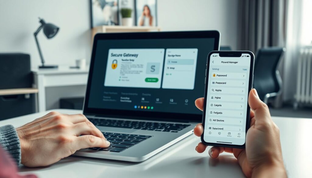 A well-lit, high-resolution scene depicting secure ecommerce habits. In the foreground, a person's hands carefully typing on a modern, minimalist keyboard. The laptop screen displays a secure payment gateway, with subtle padlock icons and encrypted transaction details. In the middle ground, a mobile device displays a password manager app, with strong passwords and two-factor authentication options. The background showcases a clean, organized workspace with a stylish desk, ergonomic chair, and discreet security camera. The lighting is soft and diffused, creating a sense of professionalism and attention to detail. The overall atmosphere conveys a heightened awareness of online safety and a commitment to responsible digital practices. A well-lit, high-resolution scene depicting secure ecommerce habits. In the foreground, a person's hands carefully typing on a modern, minimalist keyboard. The laptop screen displays a secure payment gateway, with subtle padlock icons and encrypted transaction details. In the middle ground, a mobile device displays a password manager app, with strong passwords and two-factor authentication options. The background showcases a clean, organized workspace with a stylish desk, ergonomic chair, and discreet security camera. The lighting is soft and diffused, creating a sense of professionalism and attention to detail. The overall atmosphere conveys a heightened awareness of online safety and a commitment to responsible digital practices.