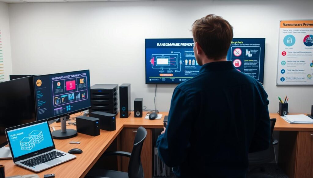 A well-lit office scene with a desk, computer, and various cybersecurity elements. In the foreground, a person stands in a thoughtful pose, studying a diagram of ransomware attack vectors on their screen. The middle ground features backup storage devices, encrypted files, and a visual representation of data recovery processes. The background showcases a wall-mounted display with infographics on ransomware prevention and mitigation strategies. The overall atmosphere conveys a sense of proactive cybersecurity awareness and preparedness.