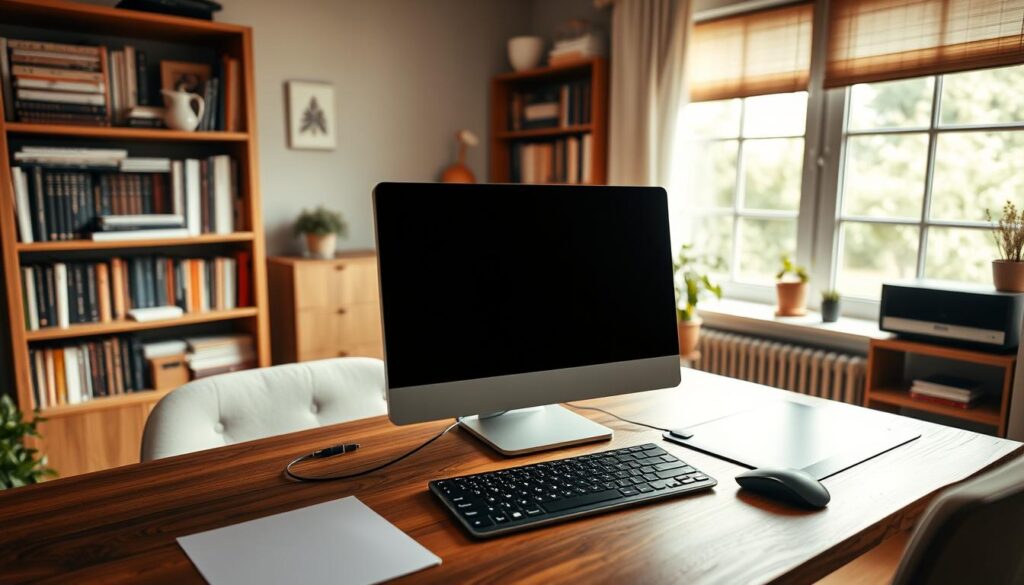 a professional home office setup with a laptop, a monitor, a keyboard, and a mouse on a wooden desk in a cozy, well-lit room. The desk is situated near a large window, allowing natural light to stream in and create a warm, productive atmosphere. In the background, bookshelves filled with reference materials and decorative elements add a sense of intellectual focus. The lighting is soft and diffused, creating a calming, focused environment ideal for remote work. The camera angle is slightly elevated, capturing the scene from an overhead perspective to convey a sense of order and organization.
