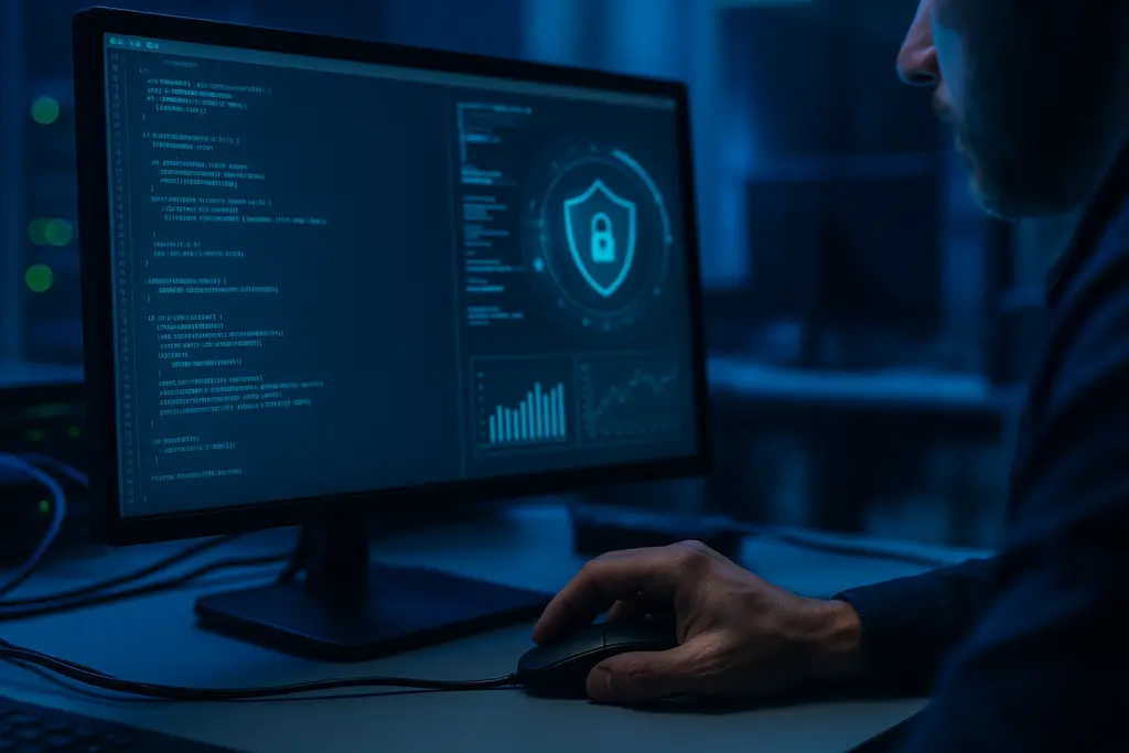 AI Cybersecurity analyst reviewing alerts on a secure operations console