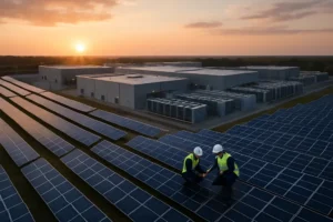 Data center hall illustrating AI Energy Impacts on electricity demand