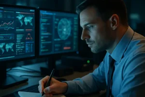 AI Threat Intelligence dashboard reviewed by a bank security analyst