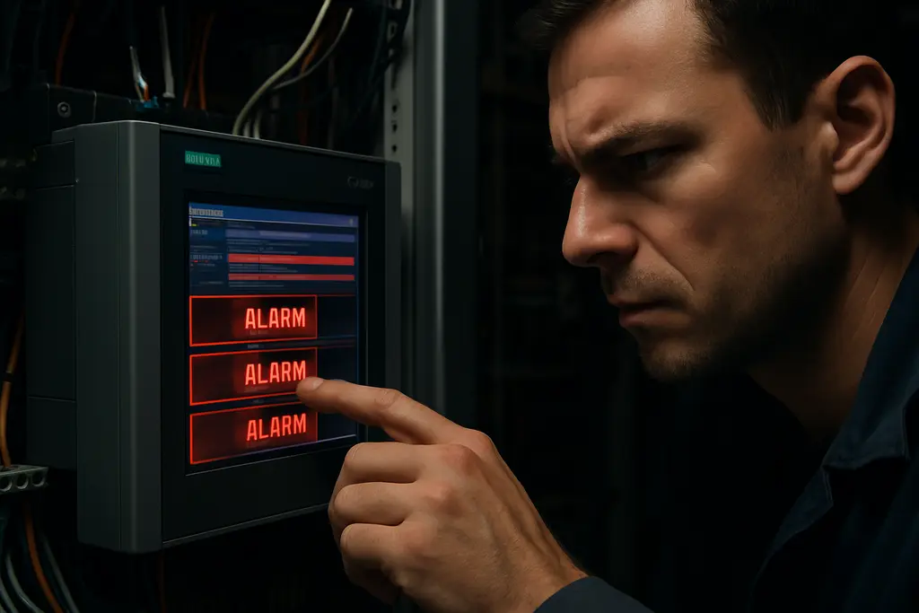 Siemens S7 PLCs in an industrial control room with network monitoring screens