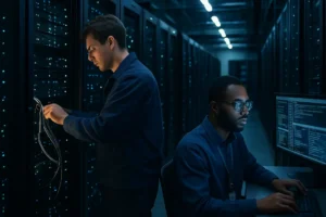 AI Data Centers with server halls connected to high-voltage power infrastructure