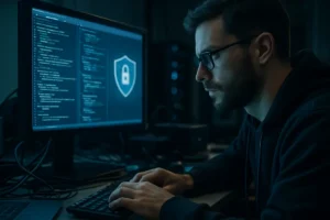 Astra Cybersecurity risk review with a secured workstation and server monitoring dashboard